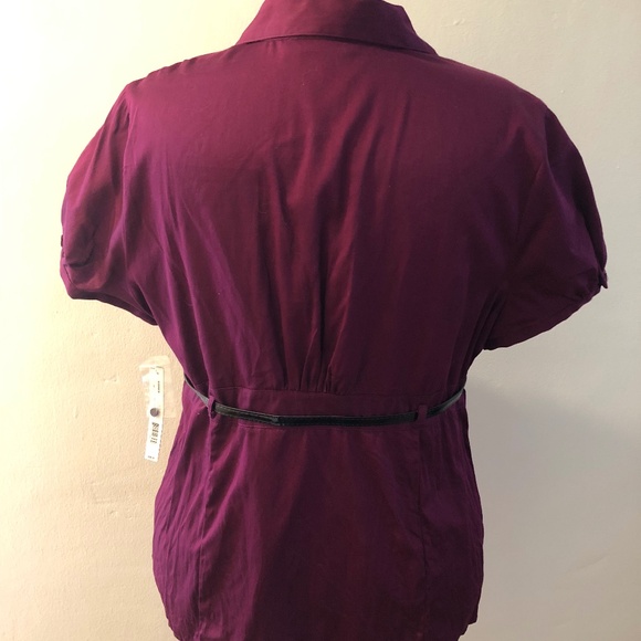 Cotton Plum V-Neck Collar w Belt Short Sleeve Blouse - Picture 5 of 9